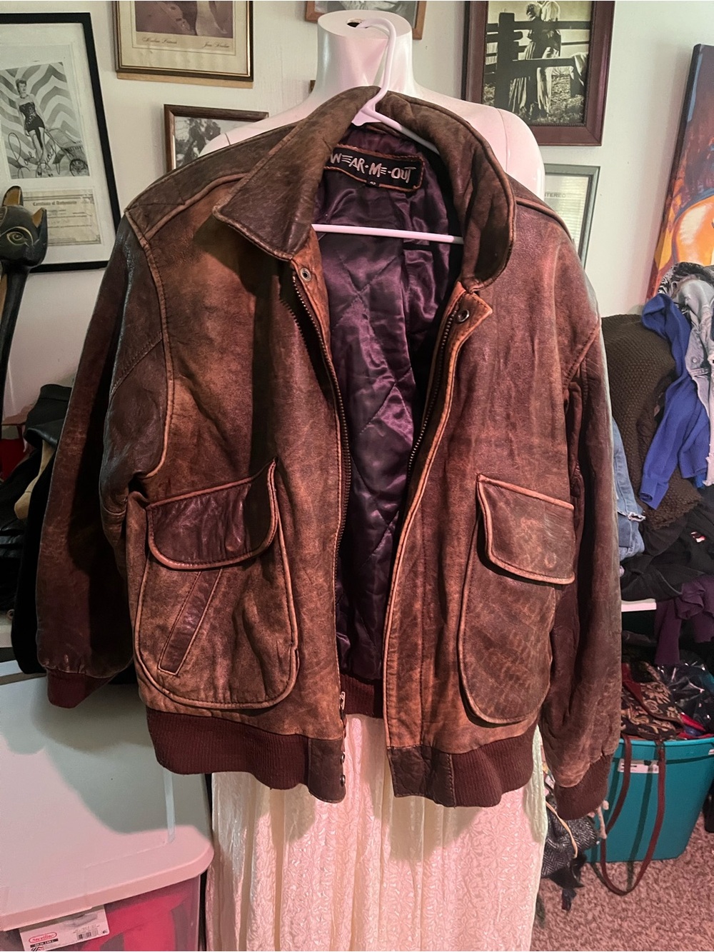 Men's Brown Distressed Leather Bomber Jacket